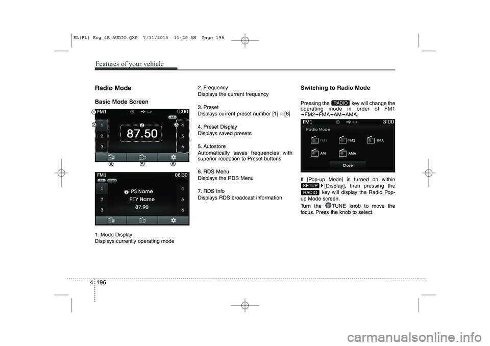 HYUNDAI IX35 2014  Owners Manual Features of your vehicle
196
4
Radio Mode  Basic Mode Screen 
1. Mode Display 
Displays currently operating mode 2. Frequency
Displays the current frequency 
3. Preset 
Displays current preset number 