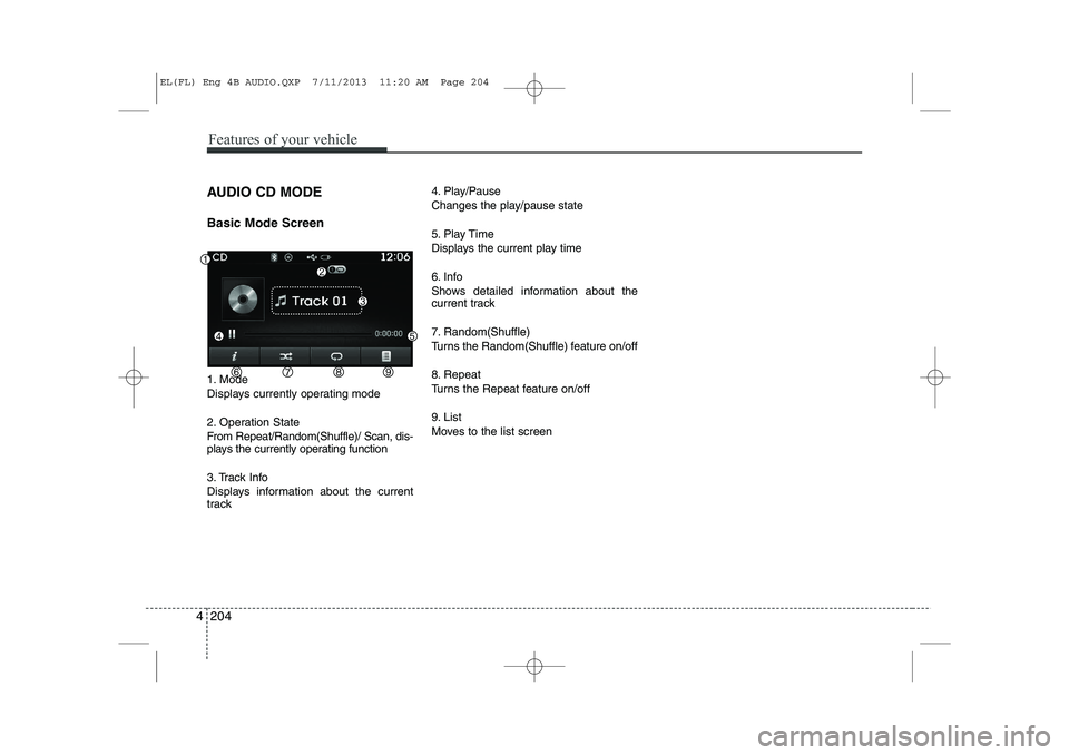 HYUNDAI IX35 2014  Owners Manual Features of your vehicle
204
4
AUDIO CD MODE Basic Mode Screen 
1. Mode 
Displays currently operating mode 
2. Operation State 
From Repeat/Random(Shuffle)/ Scan, dis- 
plays the currently operating f