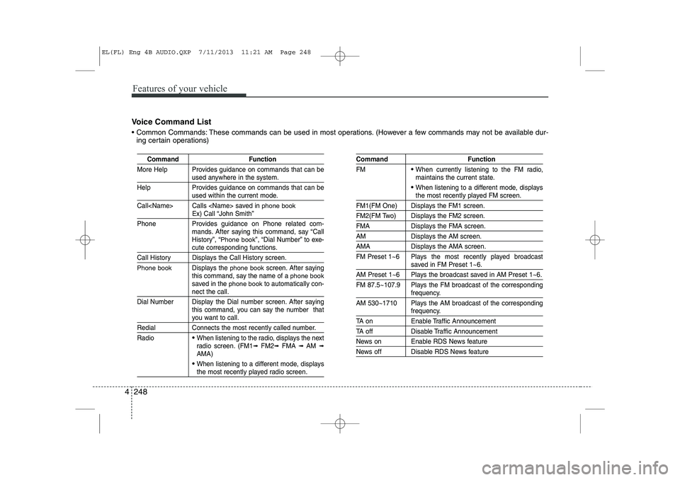 HYUNDAI IX35 2014 Owners Manual Features of your vehicle
248
4
Voice Command List
Common Commands: These commands can be used in most operations. (However a few commands may not be available dur-
ing certain operations)
Command F HYUNDAI IX35 2014 Owners Manual Features of your vehicle
248
4
Voice Command List
Common Commands: These commands can be used in most operations. (However a few commands may not be available dur-
ing certain operations)
Command F
