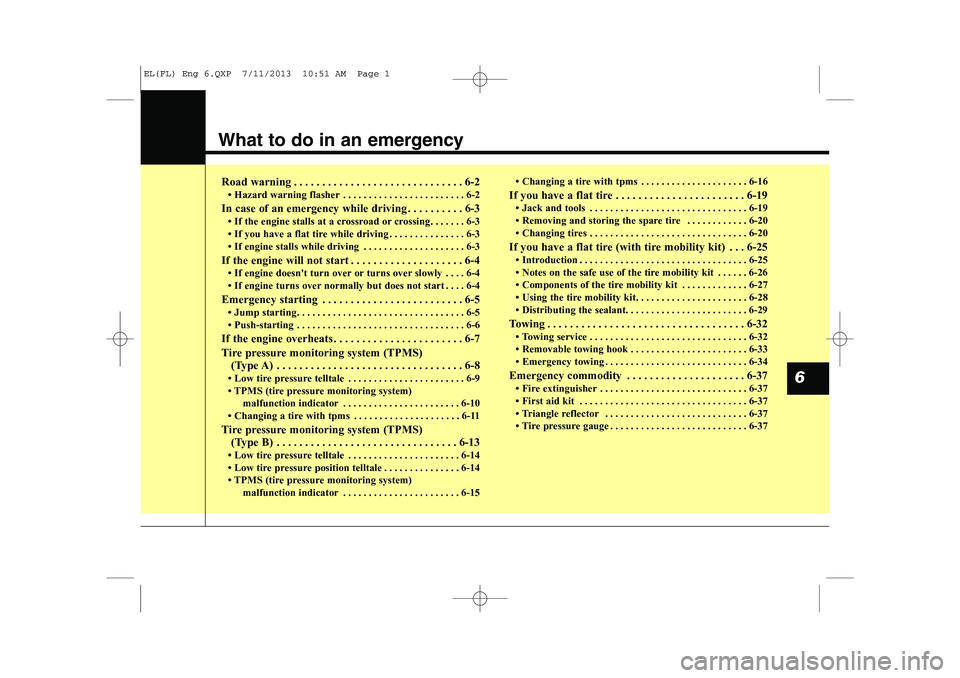 HYUNDAI IX35 2014  Owners Manual What to do in an emergency
Road warning . . . . . . . . . . . . . . . . . . . . . . . . . . . . . . 6-2