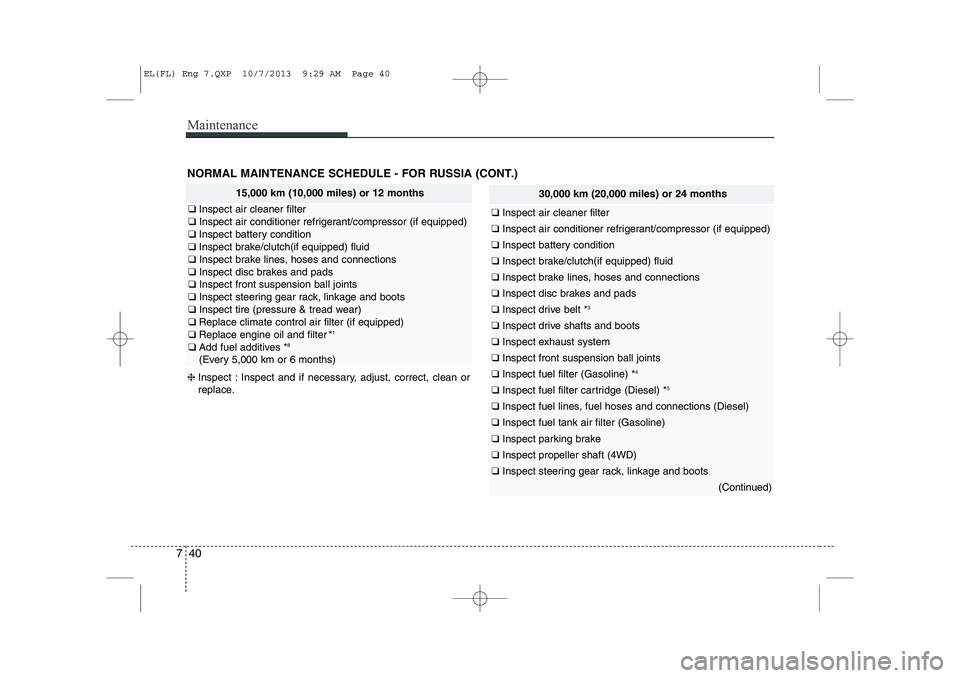 HYUNDAI IX35 2014 Owners Manual Maintenance
40
7
NORMAL MAINTENANCE SCHEDULE - FOR RUSSIA (CONT.)
30,000 km (20,000 miles) or 24 months
❑ Inspect air cleaner filter
❑ Inspect air conditioner refrigerant/compressor (if equipped HYUNDAI IX35 2014 Owners Manual Maintenance
40
7
NORMAL MAINTENANCE SCHEDULE - FOR RUSSIA (CONT.)
30,000 km (20,000 miles) or 24 months
❑ Inspect air cleaner filter
❑ Inspect air conditioner refrigerant/compressor (if equipped