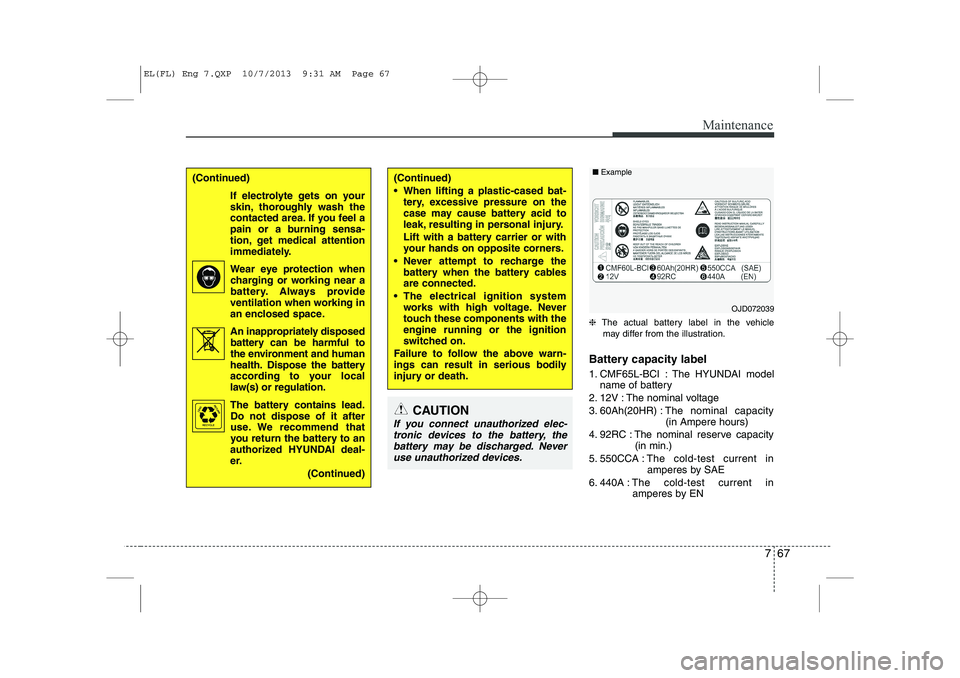 HYUNDAI IX35 2014 Owners Manual 767
Maintenance
❈The actual battery label in the vehicle
may differ from the illustration.
Battery capacity label
1. CMF65L-BCI : The HYUNDAI model name of battery
2. 12V : The nominal voltage
3. HYUNDAI IX35 2014 Owners Manual 767
Maintenance
❈The actual battery label in the vehicle
may differ from the illustration.
Battery capacity label
1. CMF65L-BCI : The HYUNDAI model name of battery
2. 12V : The nominal voltage
3.