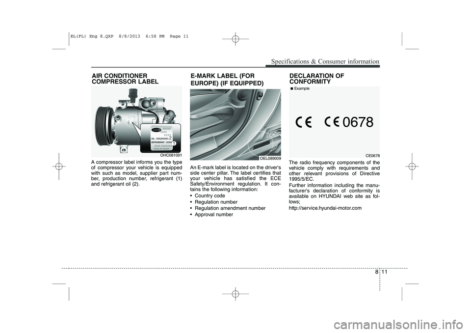 HYUNDAI IX35 2014  Owners Manual 811
Specifications & Consumer information
A compressor label informs you the type 
of compressor your vehicle is equipped
with such as model, supplier part num-
ber, production number, refrigerant (1)