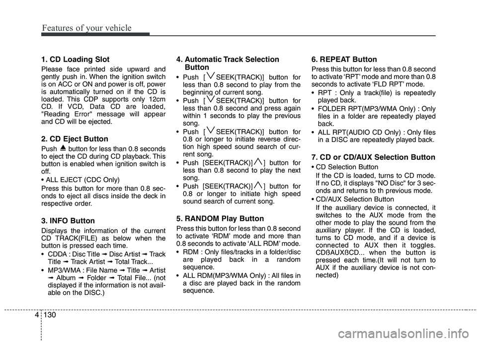 HYUNDAI IX35 2012  Owners Manual Features of your vehicle
130
4
1. CD Loading Slot 
Please face printed side upward and 
gently push in. When the ignition switch
is on ACC or ON and power is off, power
is automatically turned on if t