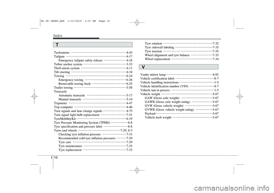 HYUNDAI IX35 2012  Owners Manual Index
10
I
Tachometer ····································································4-43 Tailgate ··············