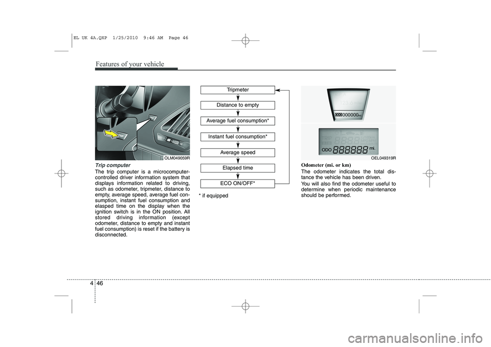 HYUNDAI IX35 2012  Owners Manual Features of your vehicle
46
4
Trip computer
The trip computer is a microcomputer- 
controlled driver information system that
displays information related to driving,
such as odometer, tripmeter, dista