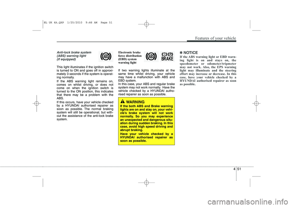 HYUNDAI IX35 2012  Owners Manual 451
Features of your vehicle
Anti-lock brake system(ABS) warning light (if equipped)
This light illuminates if the ignition switch 
is turned to ON and goes off in approxi-
mately 3 seconds if the sys