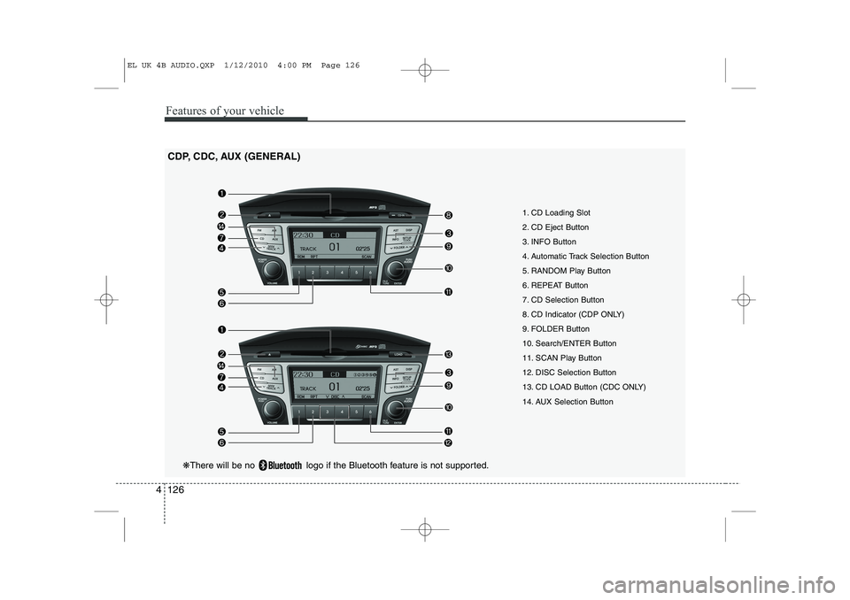 HYUNDAI IX35 2010  Owners Manual Features of your vehicle
126
4
1. CD Loading Slot 
2. CD Eject Button
3. INFO Button
4. Automatic Track Selection Button
5. RANDOM Play Button
6. REPEAT Button
7. CD Selection Button
8. CD Indicator (