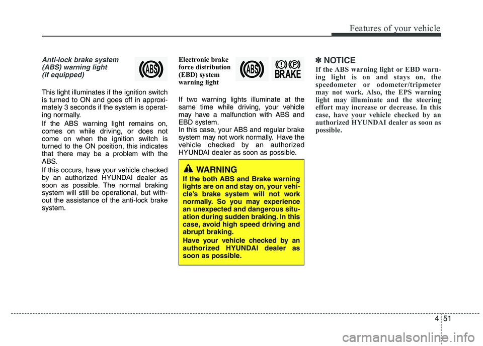 HYUNDAI IX35 2011 Owners Manual 451
Features of your vehicle
Anti-lock brake system(ABS) warning light (if equipped)
This light illuminates if the ignition switch
is turned to ON and goes off in approxi-
mately 3 seconds if the sys HYUNDAI IX35 2011 Owners Manual 451
Features of your vehicle
Anti-lock brake system(ABS) warning light (if equipped)
This light illuminates if the ignition switch
is turned to ON and goes off in approxi-
mately 3 seconds if the sys
