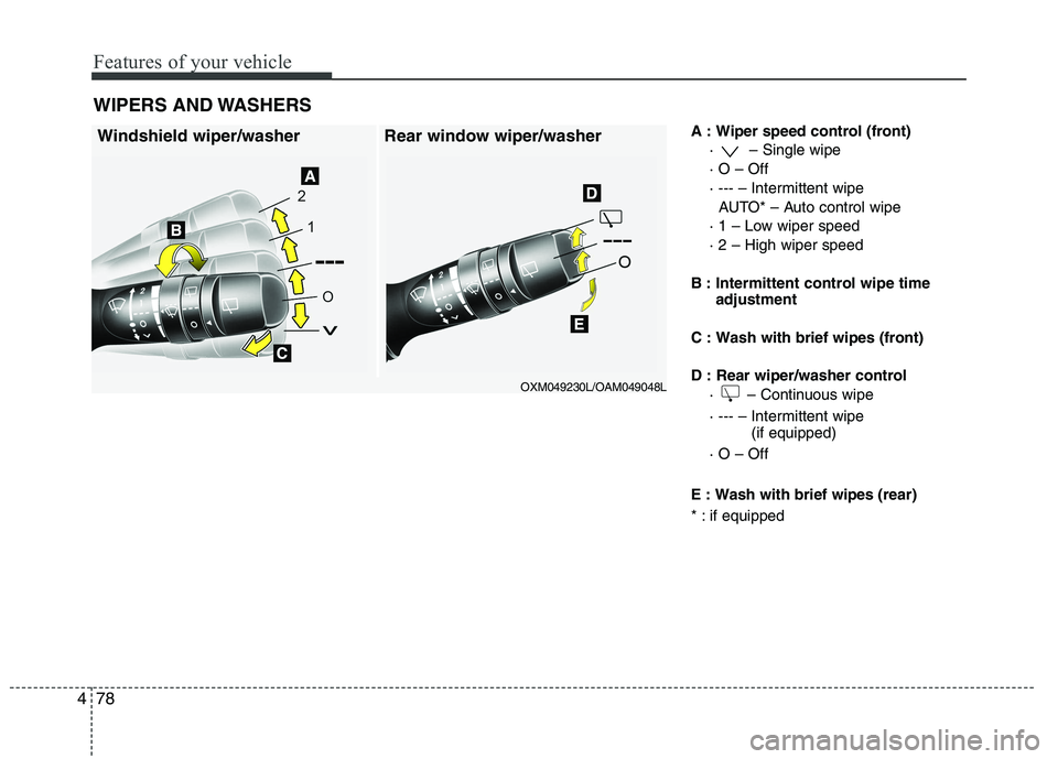 HYUNDAI IX35 2011  Owners Manual Features of your vehicle
78
4
A : Wiper speed control (front)
·  – Single wipe · O – Off
· --- – Intermittent wipe AUTO* – Auto control wipe
· 1 – Low wiper speed· 2 – High wiper spee