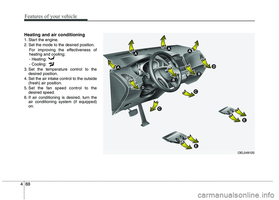 HYUNDAI IX35 2011  Owners Manual Features of your vehicle
88
4
Heating and air conditioning 
1. Start the engine.
2. Set the mode to the desired position.
For improving the effectiveness of heating and cooling;- Heating: - Cooling:
3