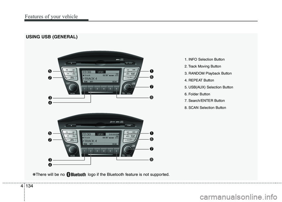HYUNDAI IX35 2011  Owners Manual Features of your vehicle
134
4
USING USB (GENERAL)
1. INFO Selection Button 
2. Track Moving Button
3. RANDOM Playback Button
4. REPEAT Button
5. USB(AUX) Selection Button
6. Folder Button 
7. Search/