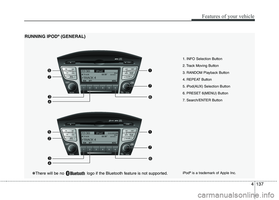 HYUNDAI IX35 2011  Owners Manual 4137
Features of your vehicle
1. INFO Selection Button 
2. Track Moving Button
3. RANDOM Playback Button
4. REPEAT Button
5. iPod(AUX) Selection Button
6. PRESET 6(MENU) Button
7. Search/ENTER Button

