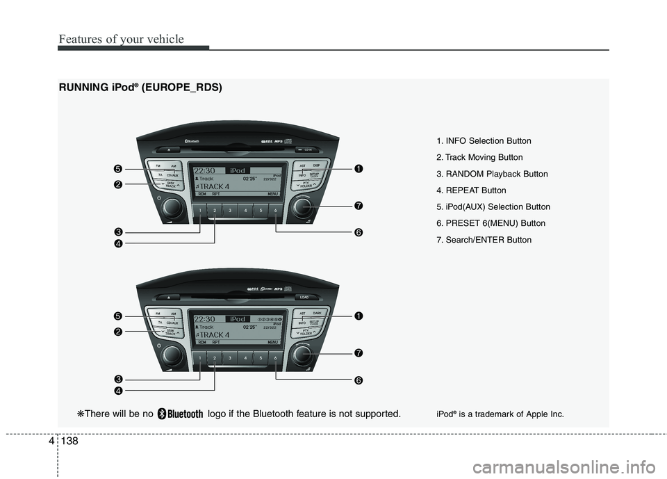 HYUNDAI IX35 2011  Owners Manual Features of your vehicle
138
4
1. INFO Selection Button 
2. Track Moving Button
3. RANDOM Playback Button
4. REPEAT Button
5. iPod(AUX) Selection Button
6. PRESET 6(MENU) Button
7. Search/ENTER Button