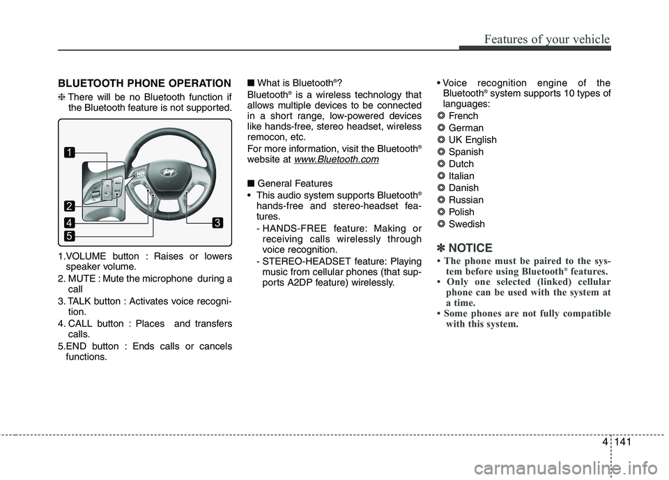 HYUNDAI IX35 2011  Owners Manual 4141
Features of your vehicle
BLUETOOTH PHONE OPERATION ❈There will be no Bluetooth function if
the Bluetooth feature is not supported.
1.VOLUME button : Raises or lowers speaker volume.
2. MUTE : M
