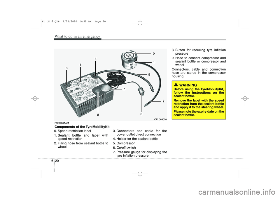 HYUNDAI IX35 2011  Owners Manual What to do in an emergency
20
6
0. Speed restriction label 
1. Sealant bottle and label with
speed restriction
2. Filling hose from sealant bottle to wheel 3. Connectors and cable for the
power outlet