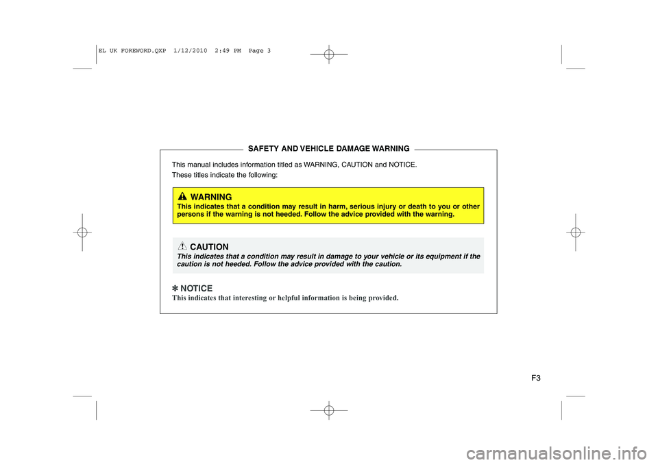 HYUNDAI IX35 2011  Owners Manual F3
This manual includes information titled as WARNING, CAUTION and NOTICE. 
These titles indicate the following:
✽✽
  
NOTICE
This indicates that interesting or helpful information is being provid