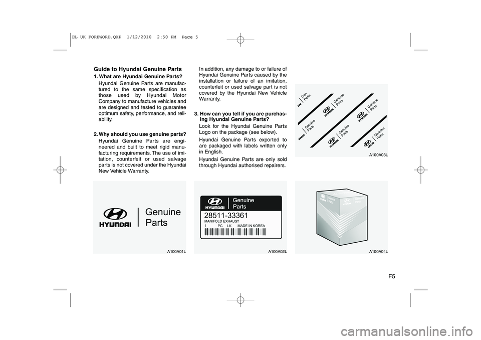 HYUNDAI IX35 2011  Owners Manual F5
Guide to Hyundai Genuine Parts 
1. What are Hyundai Genuine Parts?
Hyundai Genuine Parts are manufac- tured to the same specification as
those used by Hyundai Motor
Company to manufacture vehicles 