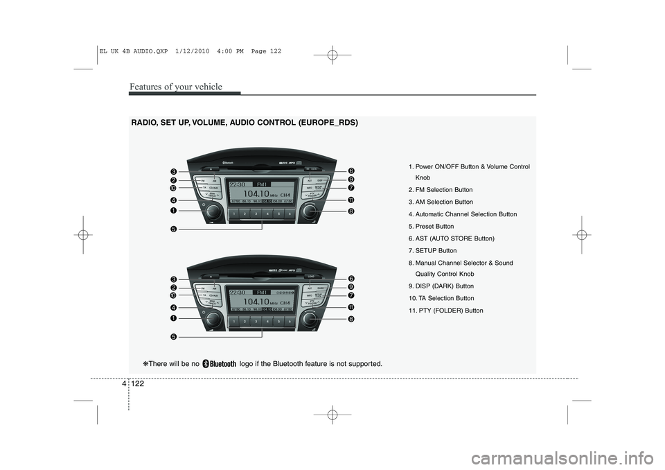 HYUNDAI IX35 2011  Owners Manual Features of your vehicle
122
4
RADIO, SET UP, VOLUME, AUDIO CONTROL (EUROPE_RDS)
1. Power ON/OFF Button & Volume ControlKnob
2. FM Selection Button 
3. AM Selection Button
4. Automatic Channel Selecti