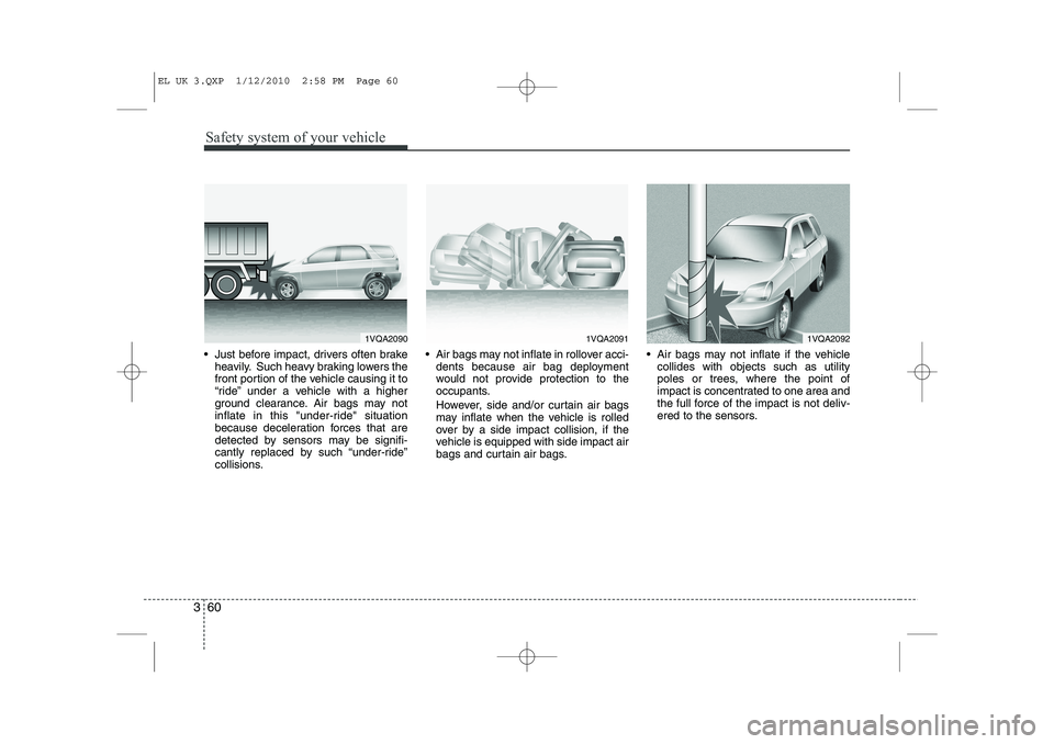 HYUNDAI IX35 2011  Owners Manual Safety system of your vehicle
60
3
 Just before impact, drivers often brake
heavily. Such heavy braking lowers the 
front portion of the vehicle causing it to
“ride” under a vehicle with a higher