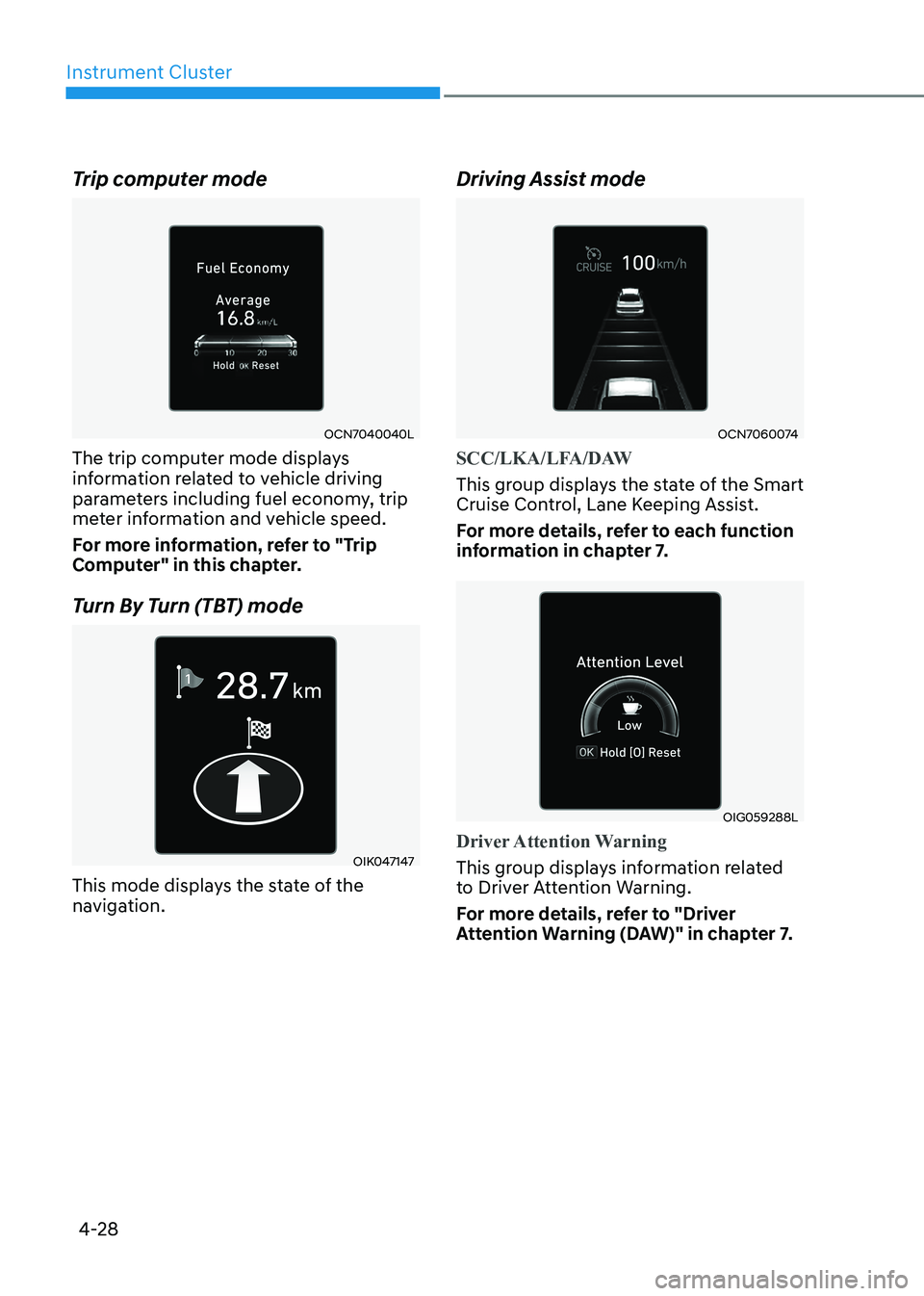 HYUNDAI ELANTRA HYBRID 2022  Owners Manual Instrument Cluster
4-28
Trip computer mode
OCN7040040L
The trip computer mode displays  
information related to vehicle driving 
parameters including fuel economy, trip 
meter information and vehicle 