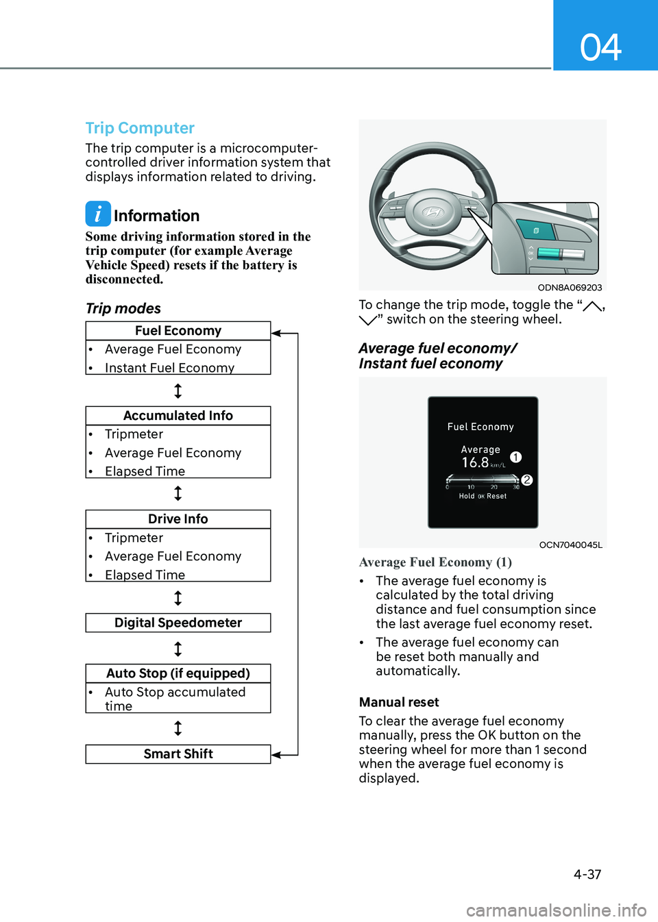 HYUNDAI ELANTRA HYBRID 2022  Owners Manual 04
4-37
Trip Computer
The trip computer is a microcomputer- 
controlled driver information system that 
displays information related to driving.
 Information
Some driving information stored in the  
t