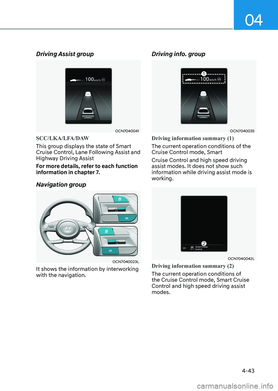HYUNDAI ELANTRA HYBRID 2022  Owners Manual 04
4-43
Driving Assist group 
OCN7040041
SCC/LKA/LFA/DAW 
This group displays the state of Smart  
Cruise Control, Lane Following Assist and 
Highway Driving Assist 
For more details, refer to each fu