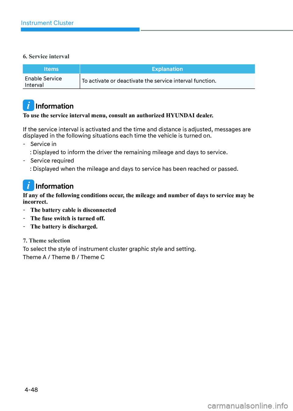 HYUNDAI ELANTRA HYBRID 2022  Owners Manual Instrument Cluster
4-48
6. Service interval
ItemsExplanation
Enable Service  
IntervalTo activate or deactivate the service interval function.
 Information
To use the service interval menu, consult an