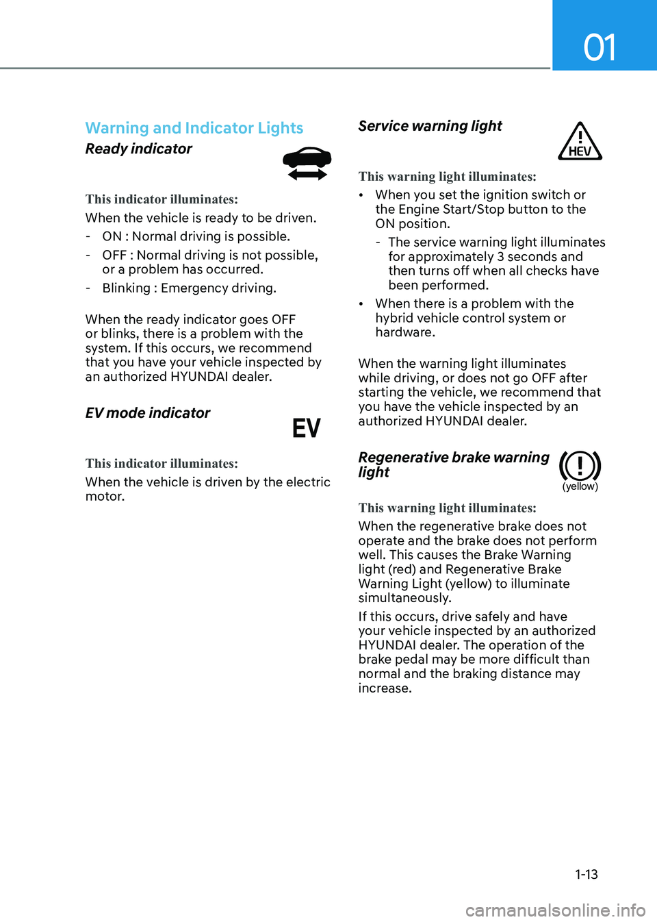 HYUNDAI ELANTRA HYBRID 2022  Owners Manual 01
1-13
Warning and Indicator Lights
Ready indicator
This indicator illuminates:
When the vehicle is ready to be driven. - ON : Normal driving is possible. 
 - OFF : Normal driving is not possible,  o