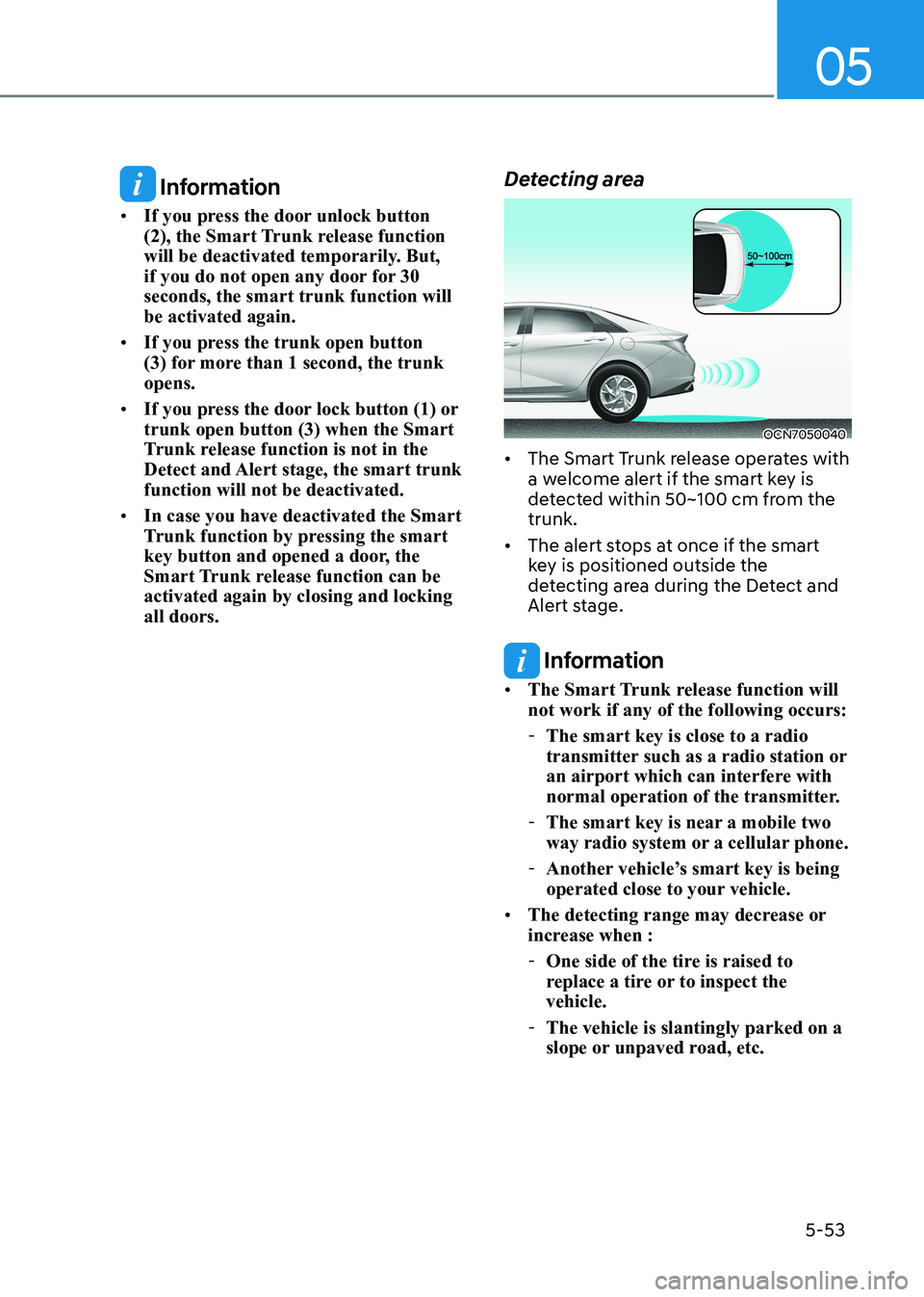 HYUNDAI ELANTRA HYBRID 2022  Owners Manual 05
5-53
 Information
•	 If you press the door unlock button  
(2), the Smart Trunk release function 
will be deactivated temporarily. But, 
if you do not open any door for 30 seconds, the smart trun