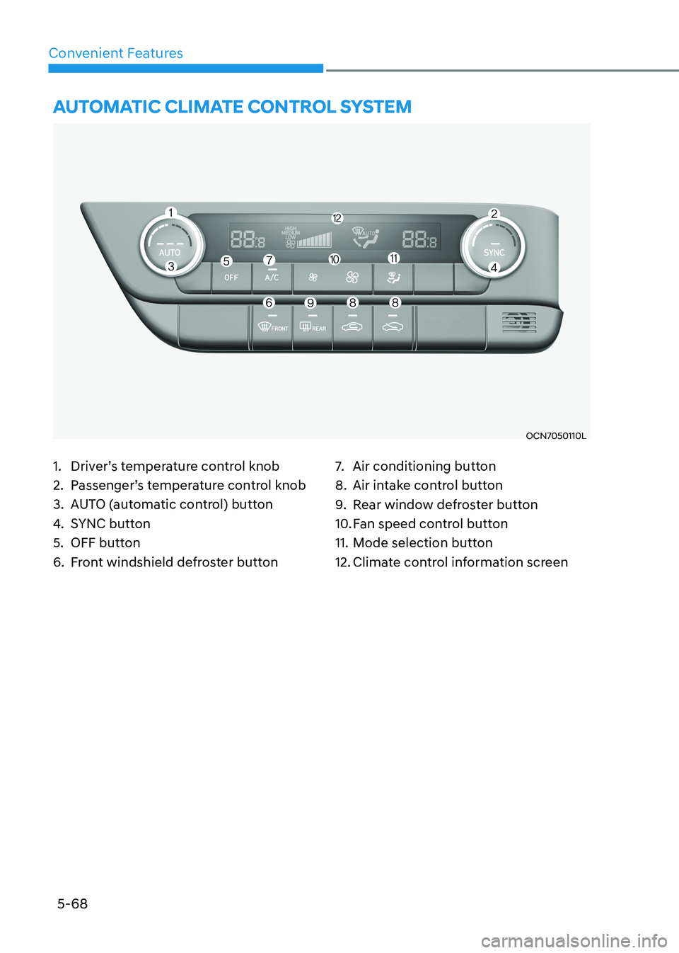 HYUNDAI ELANTRA HYBRID 2022  Owners Manual 5-68
Convenient Features
1.  Driver’s temperature control knob 
2.  Passenger’s temperature control knob
3.  AUTO (automatic control) button
4. SYNC button
5.  OFF button
6.  Front windshield defr