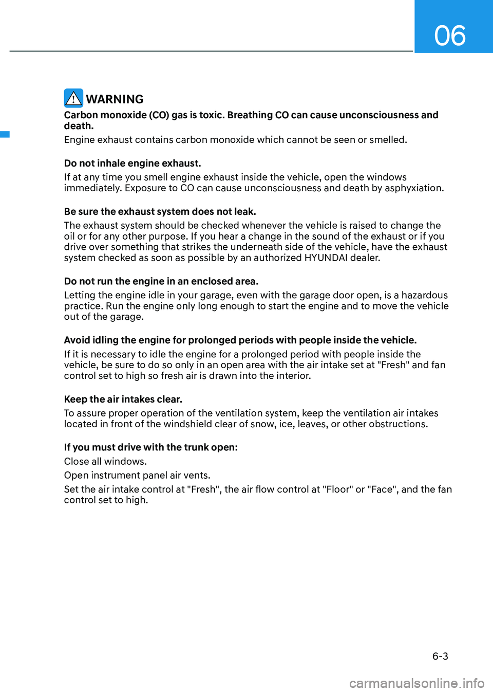 HYUNDAI ELANTRA HYBRID 2022  Owners Manual 06
6-3
 WARNING
Carbon monoxide (CO) gas is toxic. Breathing CO can cause unconsciousness and  
death. 
Engine exhaust contains carbon monoxide which cannot be seen or smelled. 
Do not inhale engine e