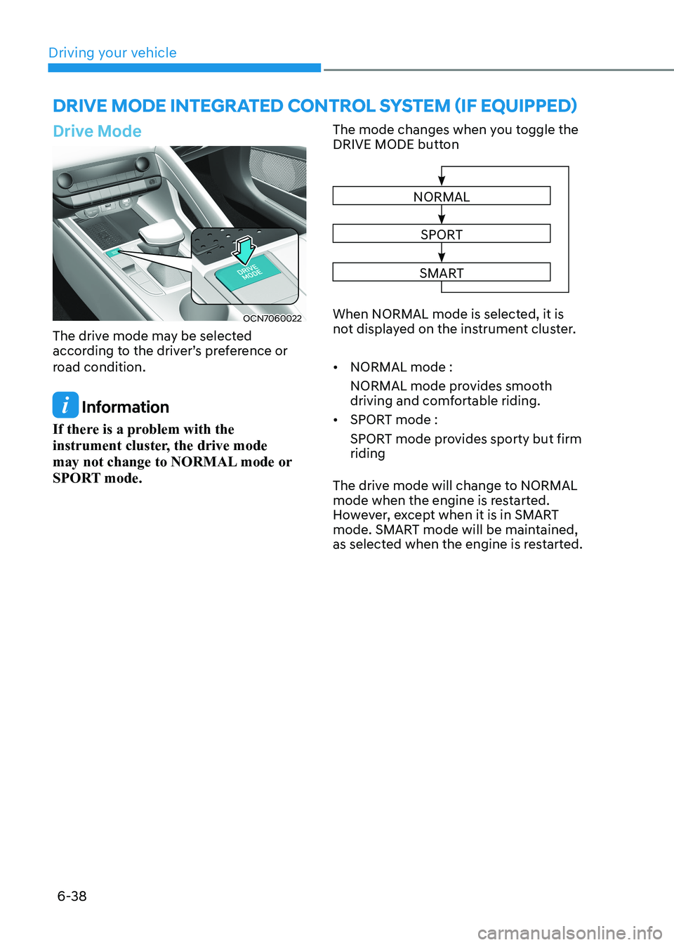 HYUNDAI ELANTRA HYBRID 2022  Owners Manual Driving your vehicle
6-38
Drive moDe integrateD control system (if equippeD)
Drive Mode
OCN7060022
The drive mode may be selected  
according to the driver’s preference or  
road condition. 
 Inform