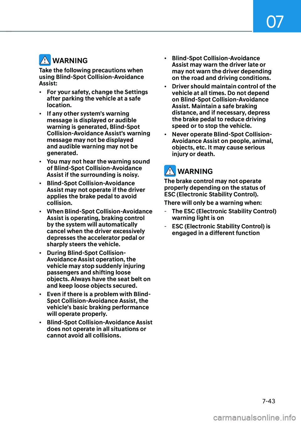 HYUNDAI ELANTRA HYBRID 2022  Owners Manual 07
7-43
 WARNINg
Take the following precautions when  
using Blind-Spot Collision-Avoidance 
Assist: •	 for your safety, change the Settings  
after parking the vehicle at a safe 
location.
•	 If 