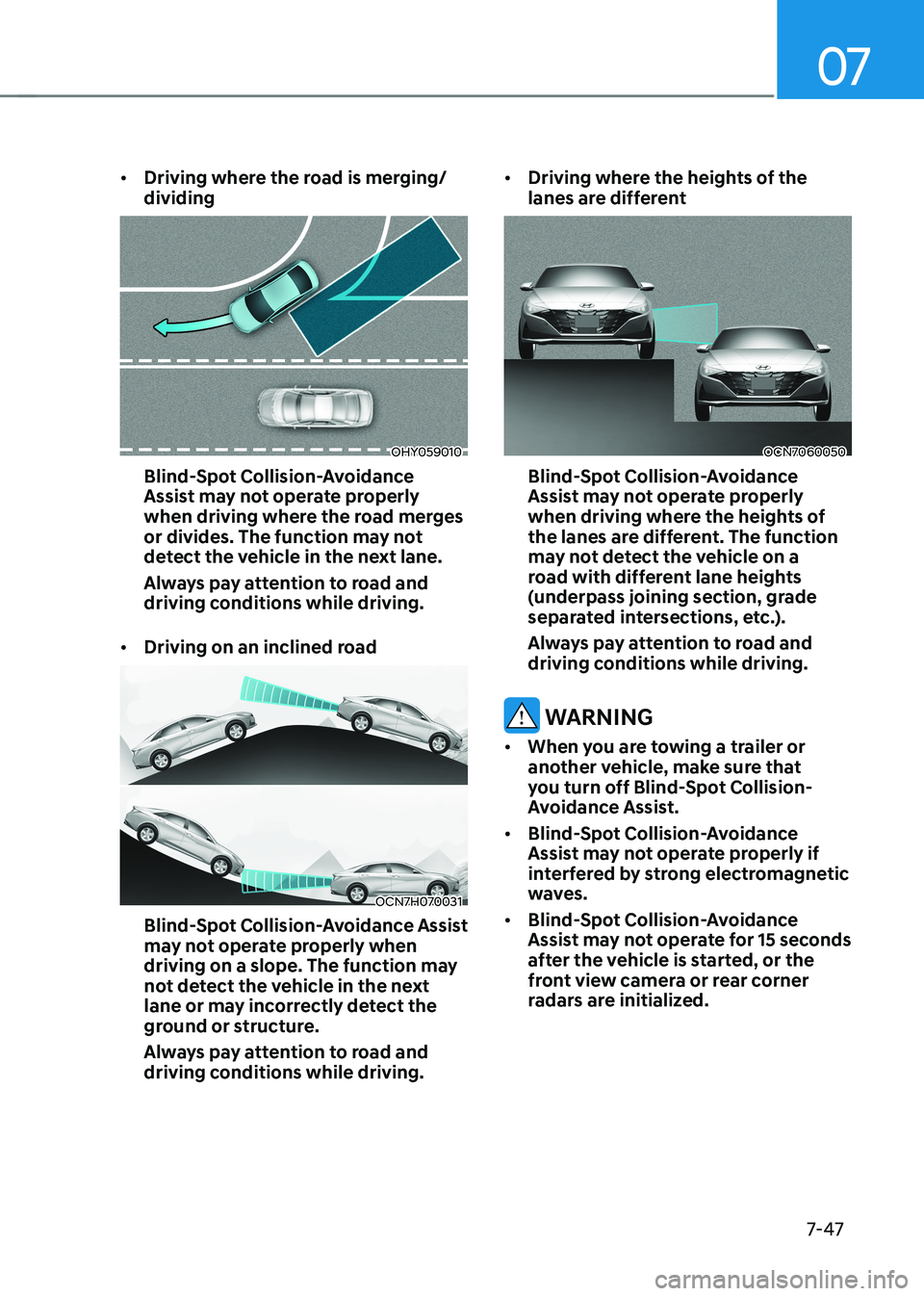 HYUNDAI ELANTRA HYBRID 2022  Owners Manual 07
7-47
•	
Driving where the road is merging/ dividing
OHY059010
Blind-Spot Collision-Avoidance  
Assist may not operate properly 
when driving where the road merges 
or divides. The function may no