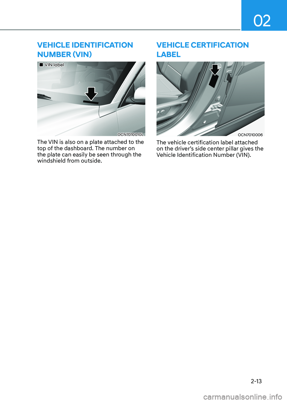 HYUNDAI ELANTRA HYBRID 2022  Owners Manual 02
2-13
vEhiClE iDEntifiCation  Number (viN)
„„VIN label
OCN7010010L
The VIN is also on a plate attached to the  
top of the dashboard. The number on 
the plate can easily be seen through th