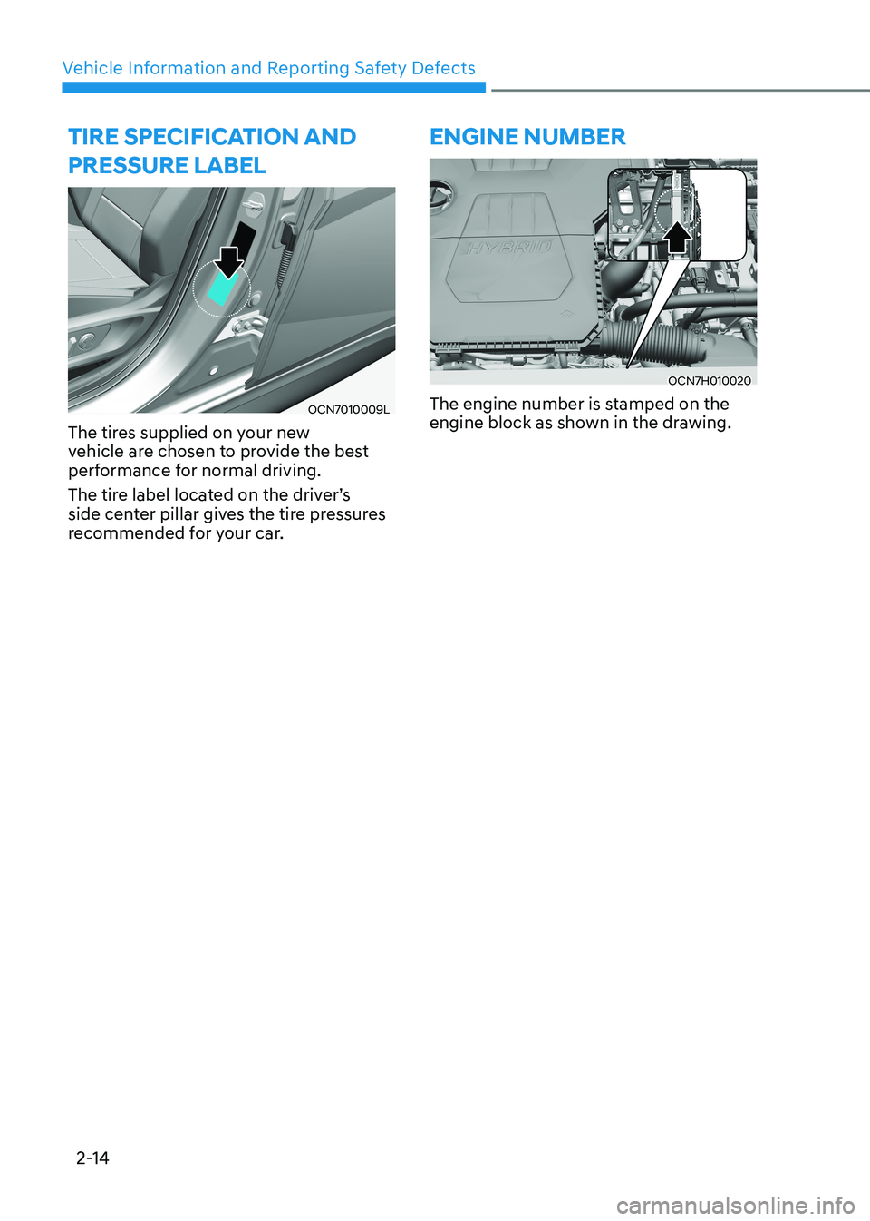 HYUNDAI ELANTRA HYBRID 2022  Owners Manual Vehicle Information and Reporting Safety Defects
2-14
tirE sPECifiCation anD  PrEssurE laBEl
OCN7010009L
The tires supplied on your new  
vehicle are chosen to provide the best 
performance for normal