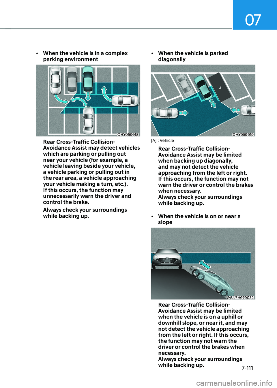 HYUNDAI ELANTRA HYBRID 2022  Owners Manual 07
7-111
•	
When the vehicle is in a complex  
parking environment
OHY059018
Rear Cross-Traffic Collision- 
Avoidance Assist may detect vehicles 
which are parking or pulling out 
near your vehicle 