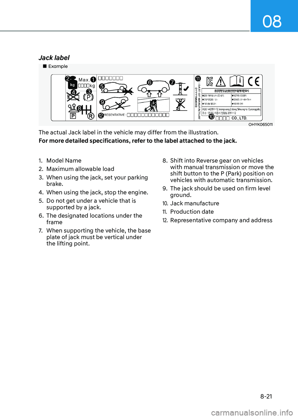HYUNDAI ELANTRA HYBRID 2022  Owners Manual 08
8-21
1.  Model Name 
2.  Maximum allowable load
3.  When using the jack, set your parking 
brake.
4.  When using the jack, stop the engine.
5.  Do not get under a vehicle that is  supported by a ja