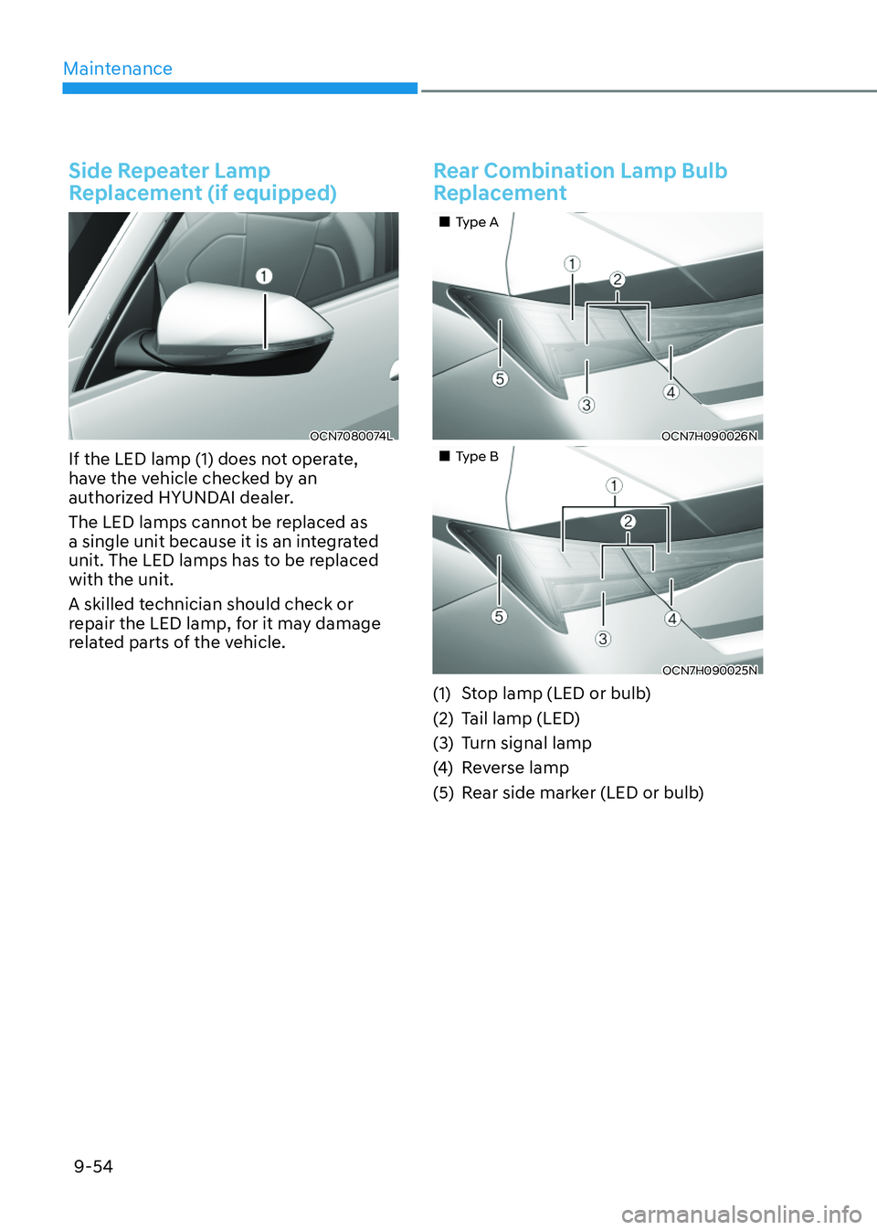 HYUNDAI ELANTRA HYBRID 2022  Owners Manual Maintenance
9-54
Side Repeater Lamp  
Replacement (if equipped)
OCN7080074LOCN7080074L
If the LED lamp (1) does not operate,  
have the vehicle checked by an 
authorized HYUNDAI dealer. 
The LED lamps