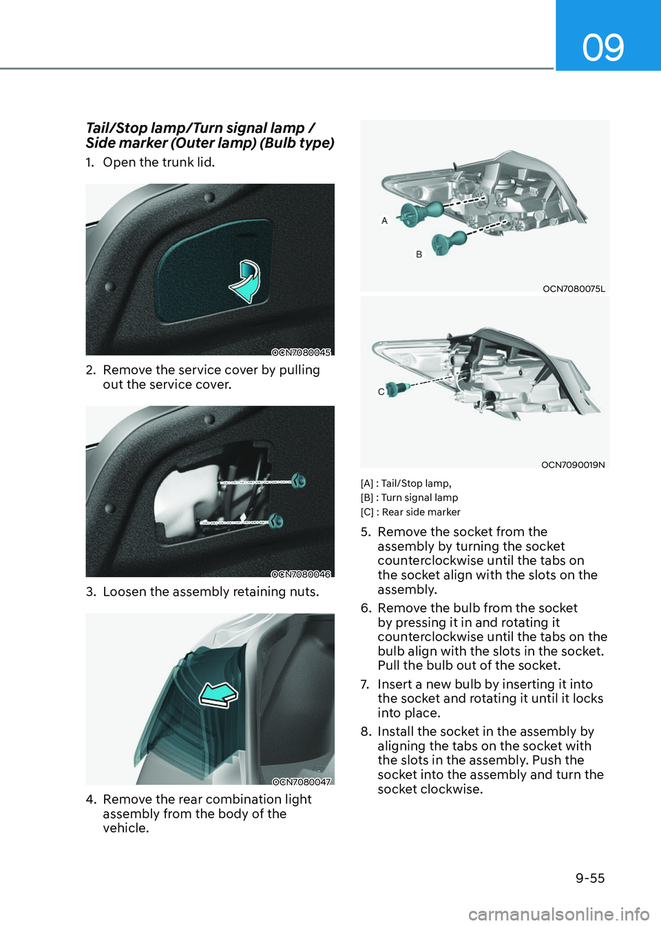 HYUNDAI ELANTRA HYBRID 2022  Owners Manual 09
9-55
Tail/Stop lamp/Turn signal lamp / 
Side marker (Outer lamp) (Bulb type) 
1.  Open the trunk lid.
OCN7080045OCN7080045
2.  Remove the service cover by pulling  out the service cover.
OCN7080046