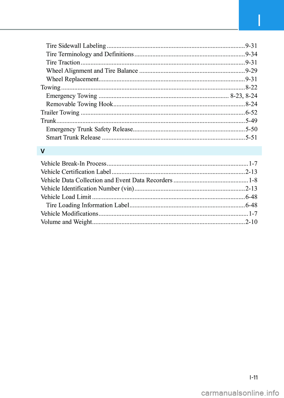 HYUNDAI ELANTRA HYBRID 2022  Owners Manual I
I-11
  Tire Sidewall Labeling ..................................................................................... 9-31
  Tire Terminology and Definitions  .........................................