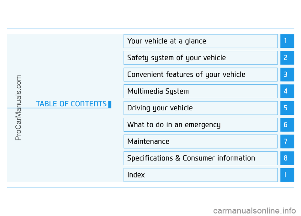 HYUNDAI COUPE 2014  Owners Manual 1
2
3
4
5
6
7
8
I
Your vehicle at a glance
Safety system of your vehicle
Convenient features of your vehicle
Multimedia System
Driving your vehicle
What to do in an emergency
Maintenance
Specification