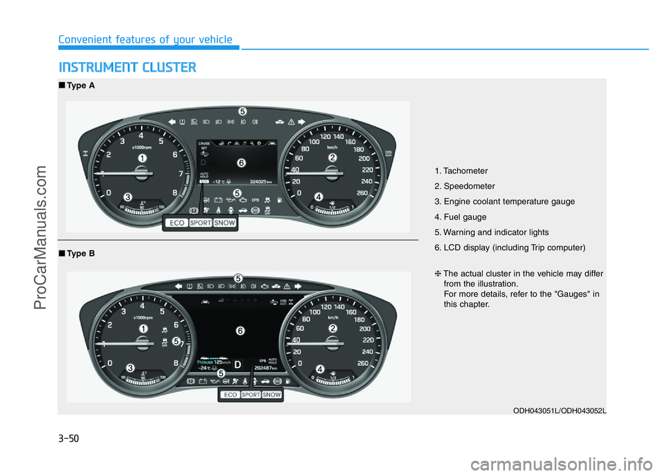 HYUNDAI COUPE 2014  Owners Manual 3-50
Convenient features of your vehicle
INSTRUMENT CLUSTER
1. Tachometer 
2. Speedometer
3. Engine coolant temperature gauge
4. Fuel gauge
5. Warning and indicator lights
6. LCD display (including Tr