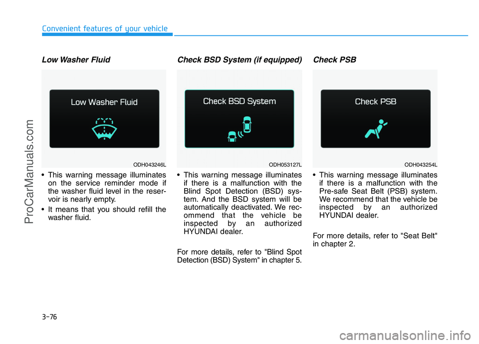 HYUNDAI COUPE 2014  Owners Manual 3-76
Convenient features of your vehicle
Low Washer  Fluid
• This warning message illuminates
on the service reminder mode if
the washer fluid level in the reser-
voir is nearly empty.
• It means 