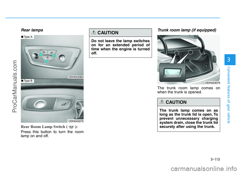HYUNDAI COUPE 2014  Owners Manual 3-113
Convenient features of your vehicle
3
Rear lamps
Rear Room Lamp Switch ( ): 
Press this button to turn the room
lamp on and off.
Trunk room lamp (if equipped)
The trunk room lamp comes on
when t