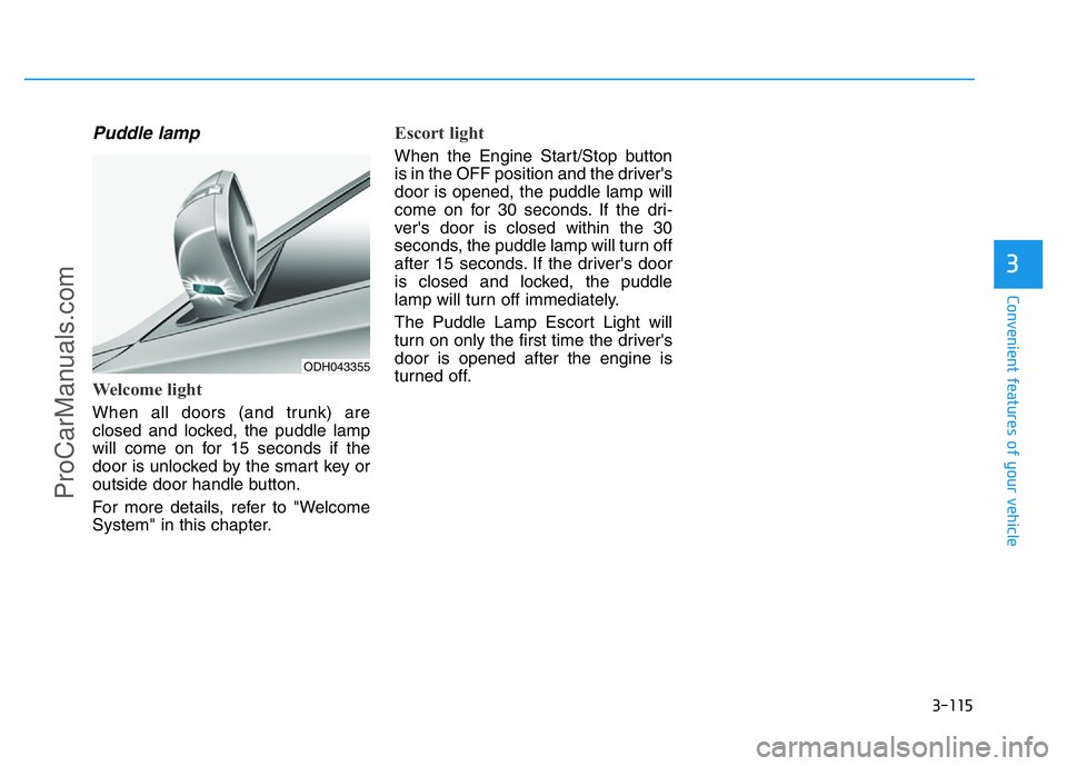 HYUNDAI COUPE 2014  Owners Manual 3-115
Convenient features of your vehicle
3
Puddle lamp
Welcome light
When all doors (and trunk) are
closed and locked, the puddle lamp
will come on for 15 seconds if the
door is unlocked by the smart