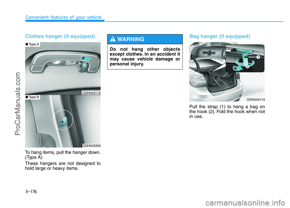 HYUNDAI COUPE 2014  Owners Manual 3-176
Convenient features of your vehicle
Clothes hanger (if equipped)
To hang items, pull the hanger down.
(Type A)
These hangers are not designed to
hold large or heavy items.
Bag hanger (if equippe