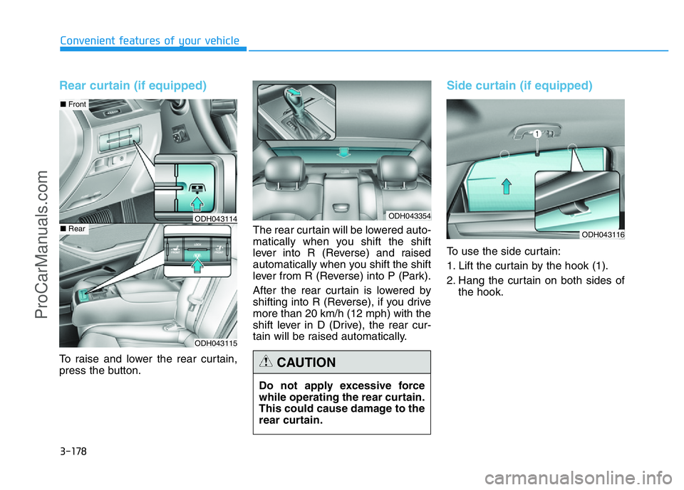 HYUNDAI COUPE 2014  Owners Manual 3-178
Convenient features of your vehicle
Rear curtain (if equipped)
To raise and lower the rear curtain,
press the button.The rear curtain will be lowered auto-
matically when you shift the shift
lev