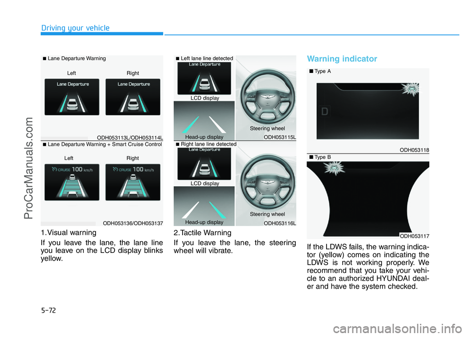 HYUNDAI COUPE 2014  Owners Manual 5-72
Driving your vehicle
1.Visual warning
If you leave the lane, the lane line
you leave on the LCD display blinks
yellow.2.Tactile Warning 
If you leave the lane, the steering
wheel will vibrate.
Wa
